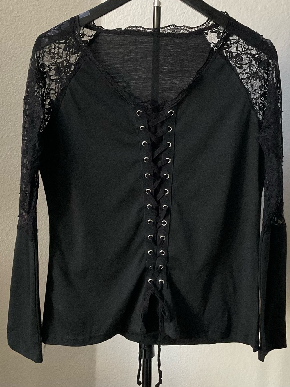Black Lace-Shoulder Lace-Up Women's Top